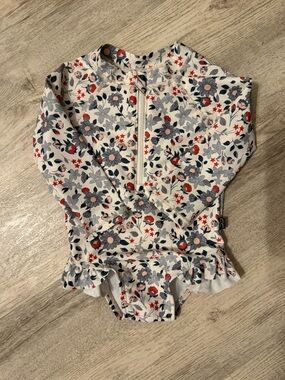 Girls modern moments Floral Ruffle swim - White with Navy & Red